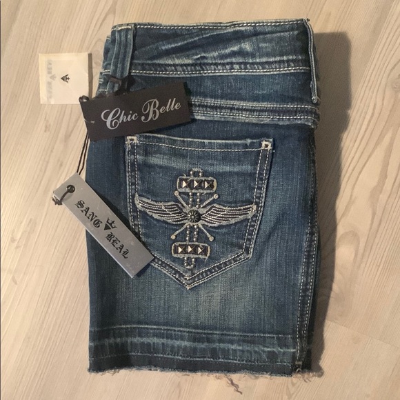 chic belle Denim - Grace Blue Cropped jeans skirt with Distressed Wash